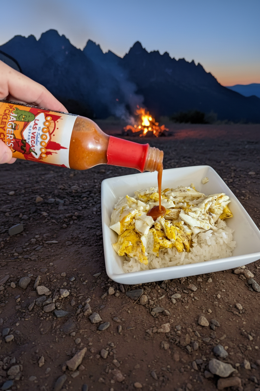 Jager's sauce poured over eggs and rice on dirt campground with mountain campfire background
