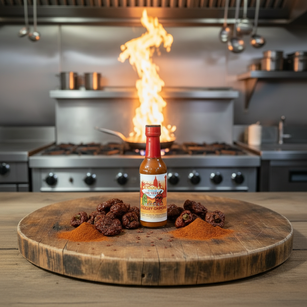 Original eggs and rice with professional kitchen background and flames