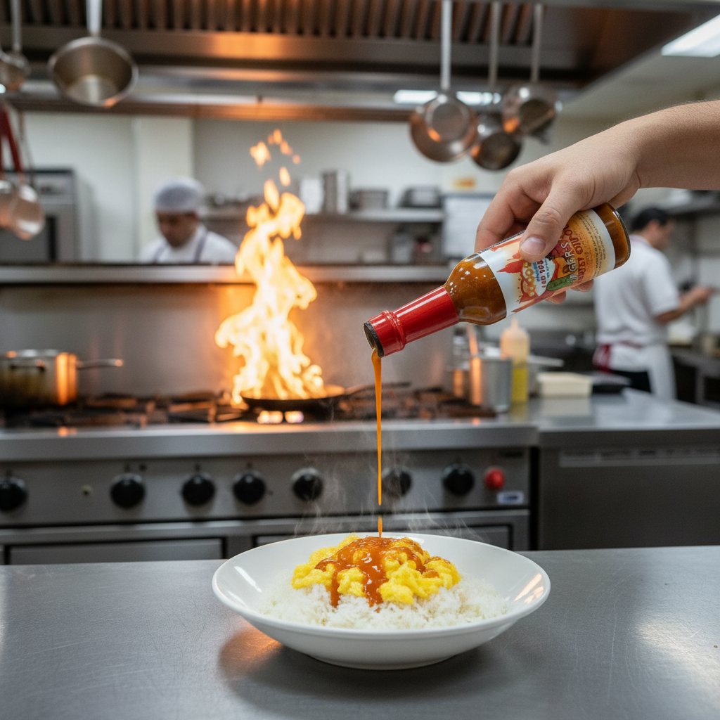 Sauce poured over eggs and rice in professional kitchen with flames
